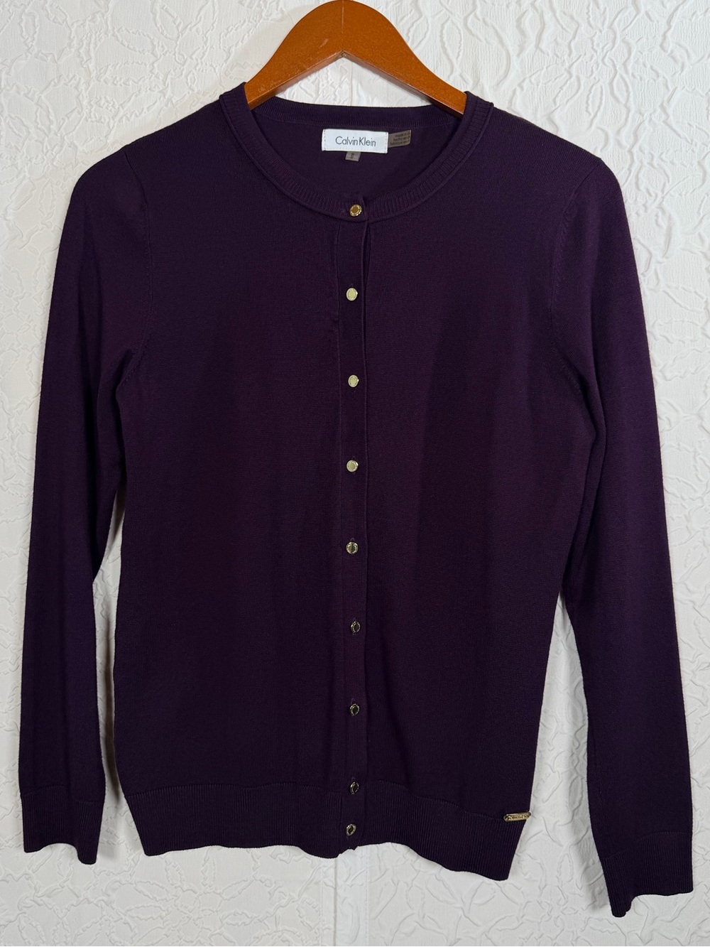 Calvin Klein NWOT Deep Purple Gold Button Cardigan Sweater Sz M